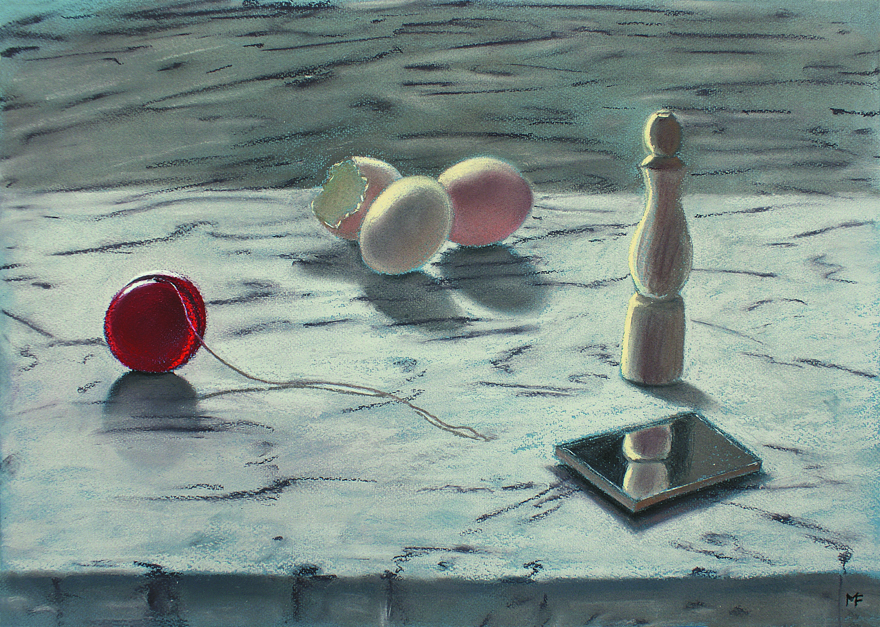 B 11) Specchio uova e rocchetto, '2010,  pastello su carta Ingres, cm 35 x 50