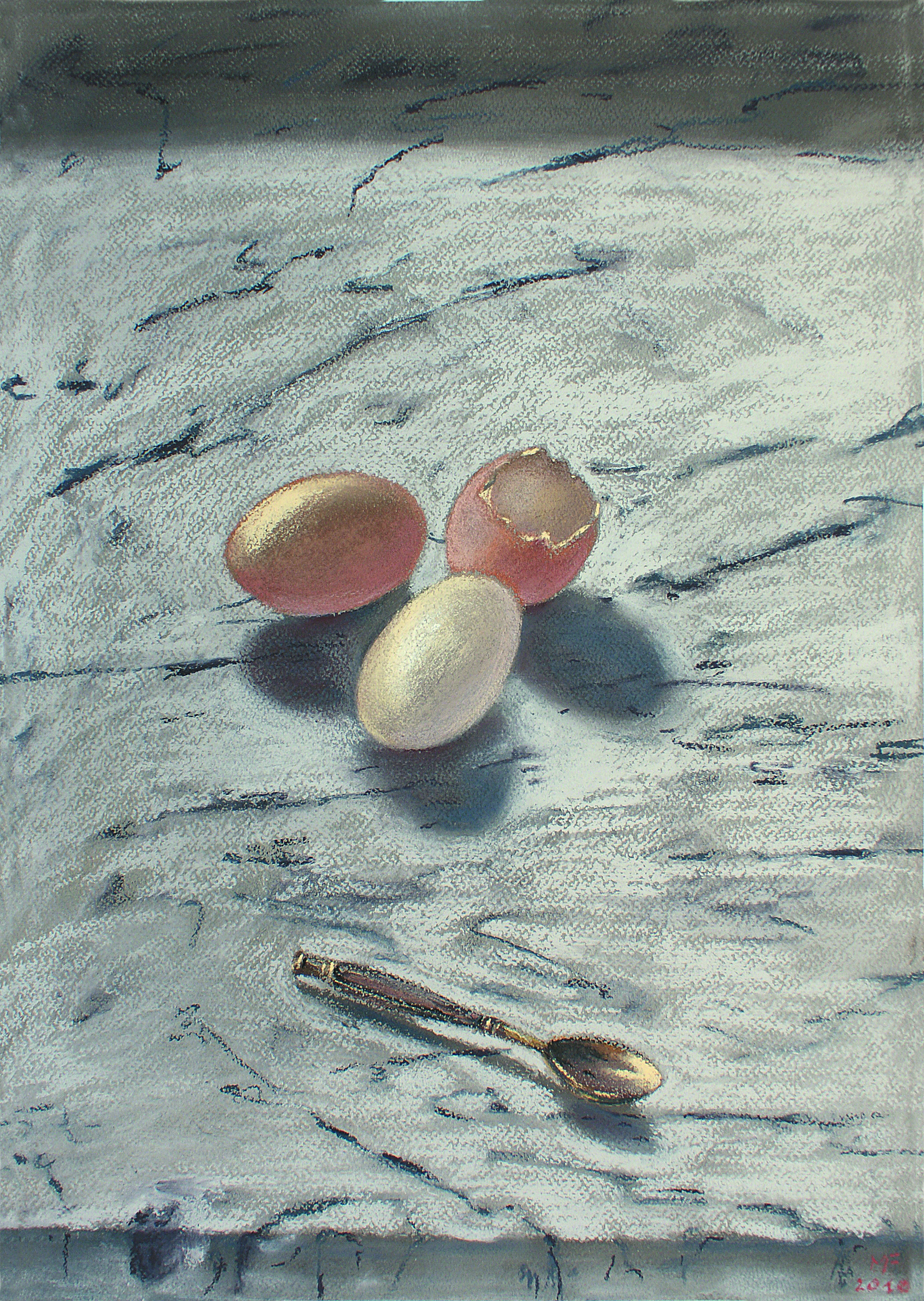 B 8) Uova e cucchiaino, 2010, pastello su carta Ingres, 50x35