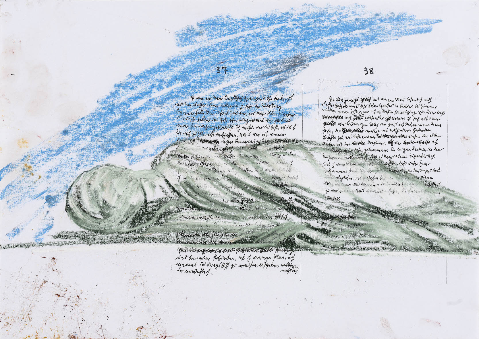 Nello spazio della scrittura, Santa Cecilia su fotocopia di manoscritto di Walter Benjamin, 2018, pastello, 23x31