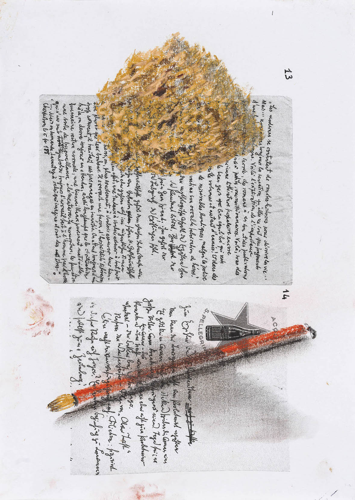Nello spazio della scrittura, Spugna gettata su pennello su fotocopia di manoscrito di Walter Benjamin, 2018, pastello, 30x21